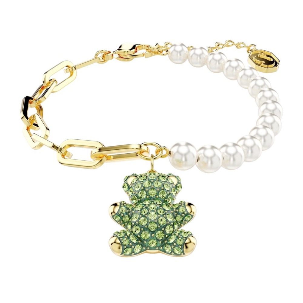 Swarovski NWT Teddy bracelet, Crystal pearl, Bear, Green, Gold-tone plated